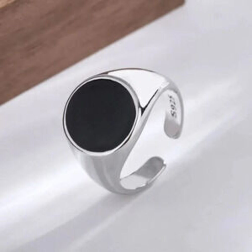 925 Sterling Silver Black Oval Round Ring Minimalist Silver Ring Band